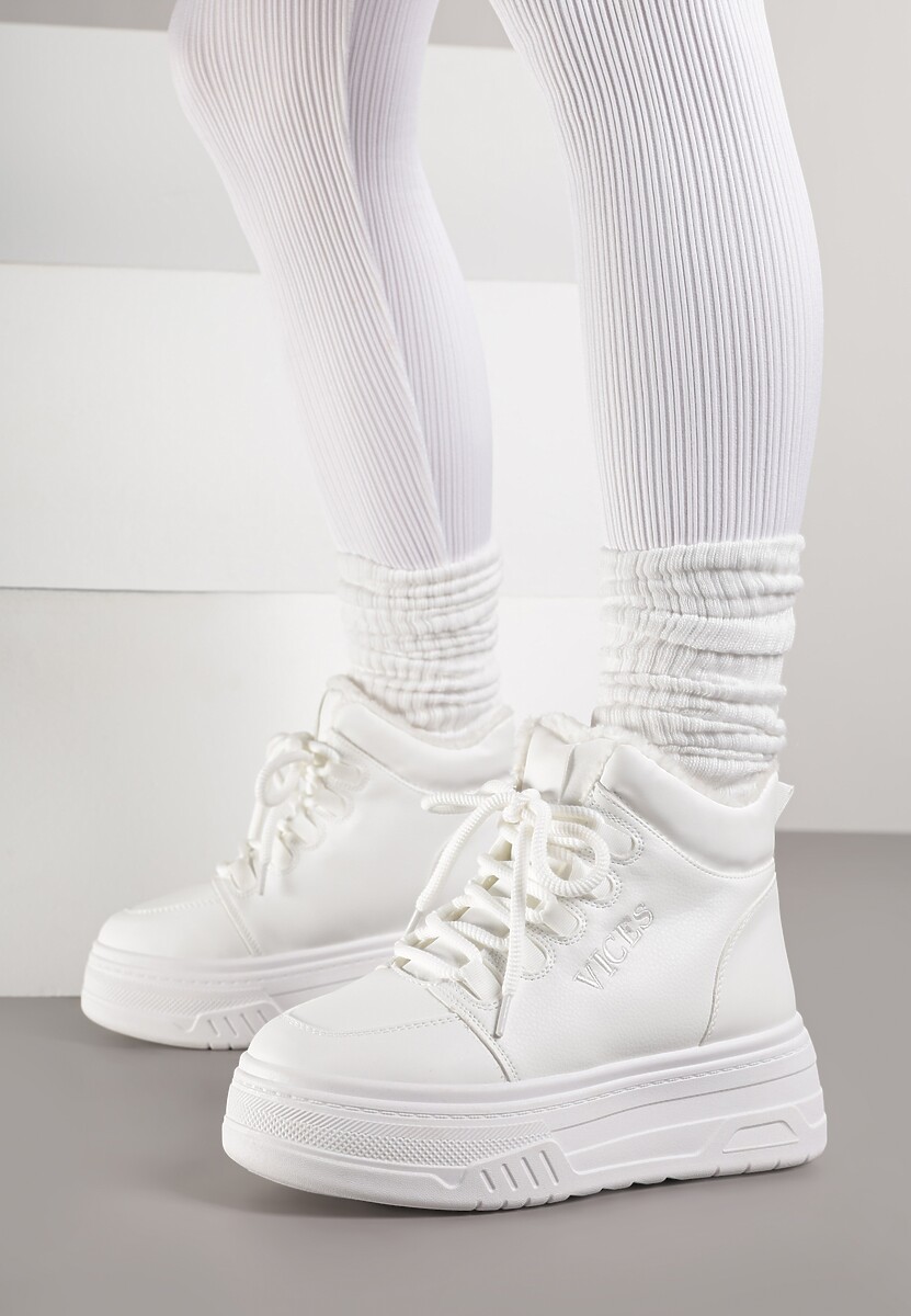 Białe Sneakersy na Grubej Podeszwie Mocno Ocieplane Futrem Leavinael