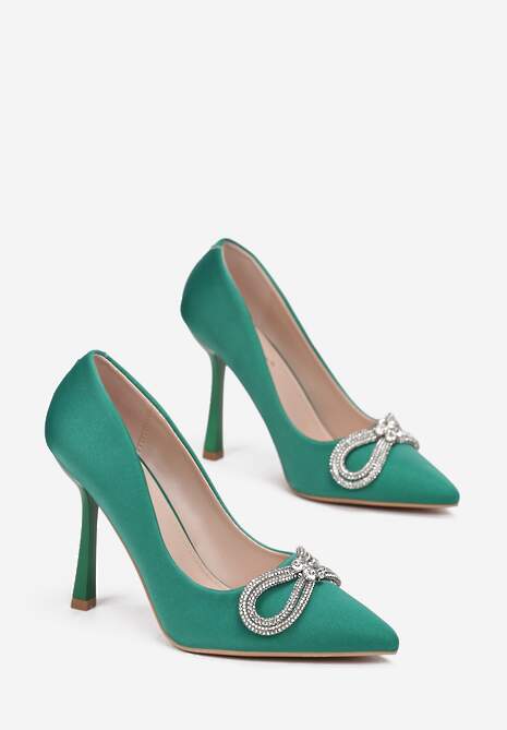 Zielone Wysokie Szpilki z Biżuteryjną Kokardką i Cyrkoniami Chine
