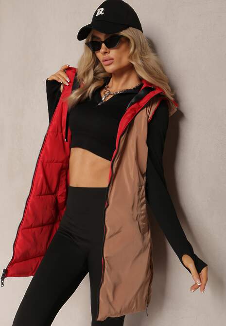 Czerwona Długa Kamizelka Pikowana Dwustronna ze Sznurkami przy Kapturze Frenila