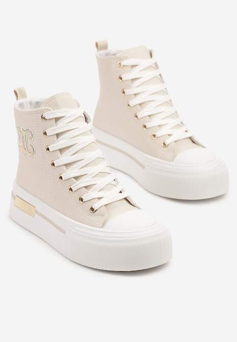 Beżowe Trampki na Platformie z Wysoką Cholewką i Naszywką Nurissea