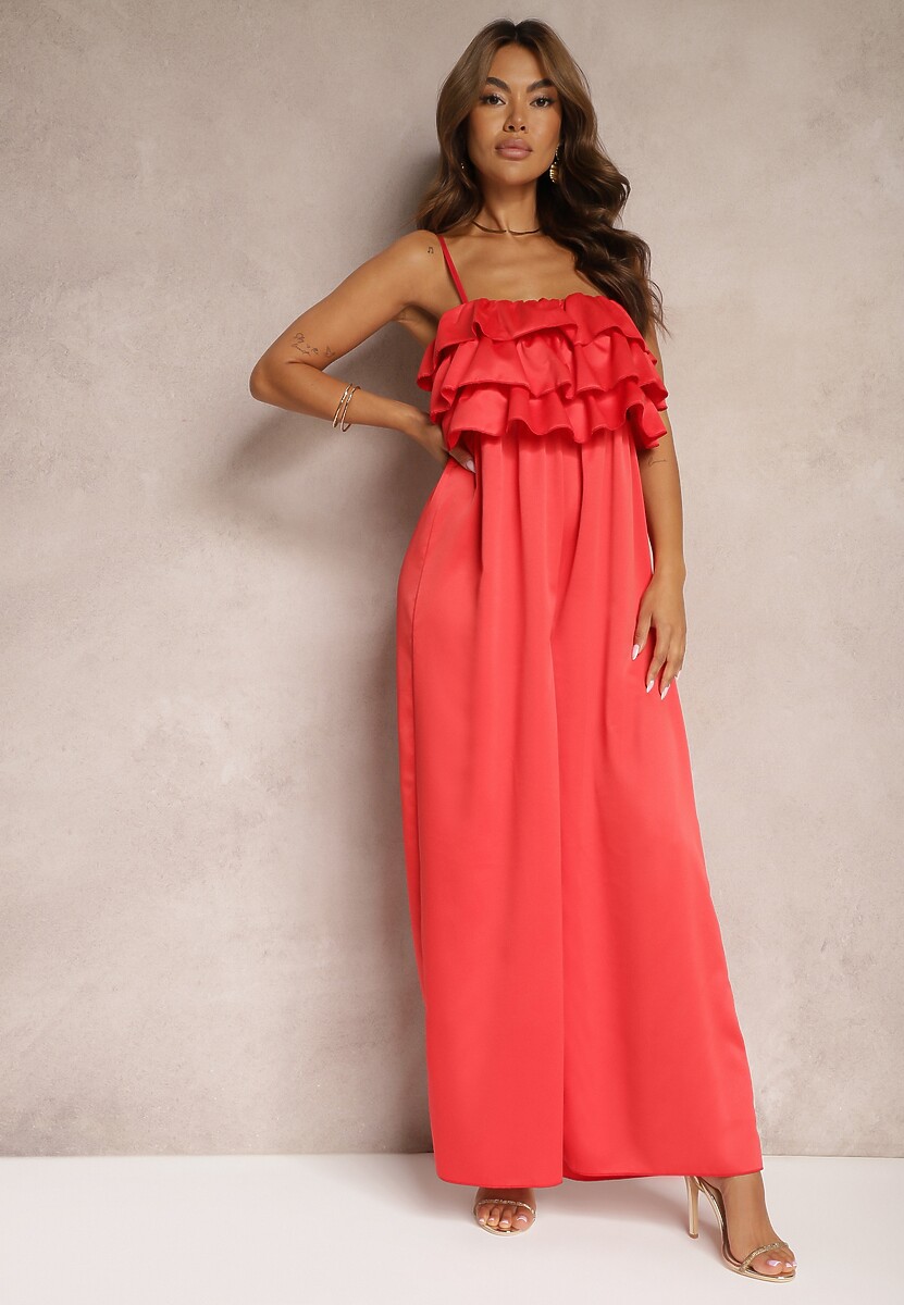 Czerwony Koktajlowy Kombinezon na Ramiączkach z Regulacją i Gumką w Talii Uesvia