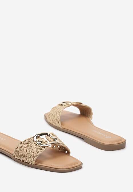 Beżowe Płaskie Klapki ze Złotą Klamrą Efimue