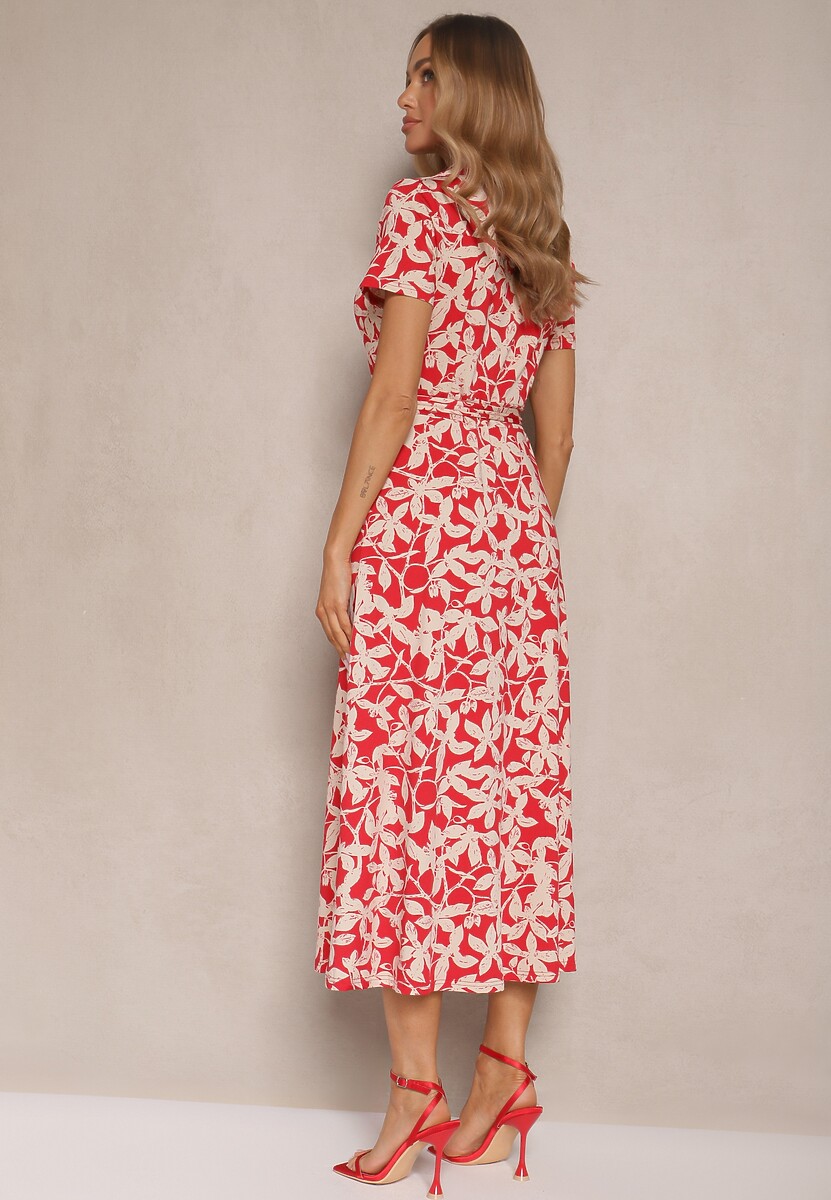Czerwona Kwiecista Sukienka z Wiskozą o Koszulowym Kroju z Wiązanym Paskiem Zeranella