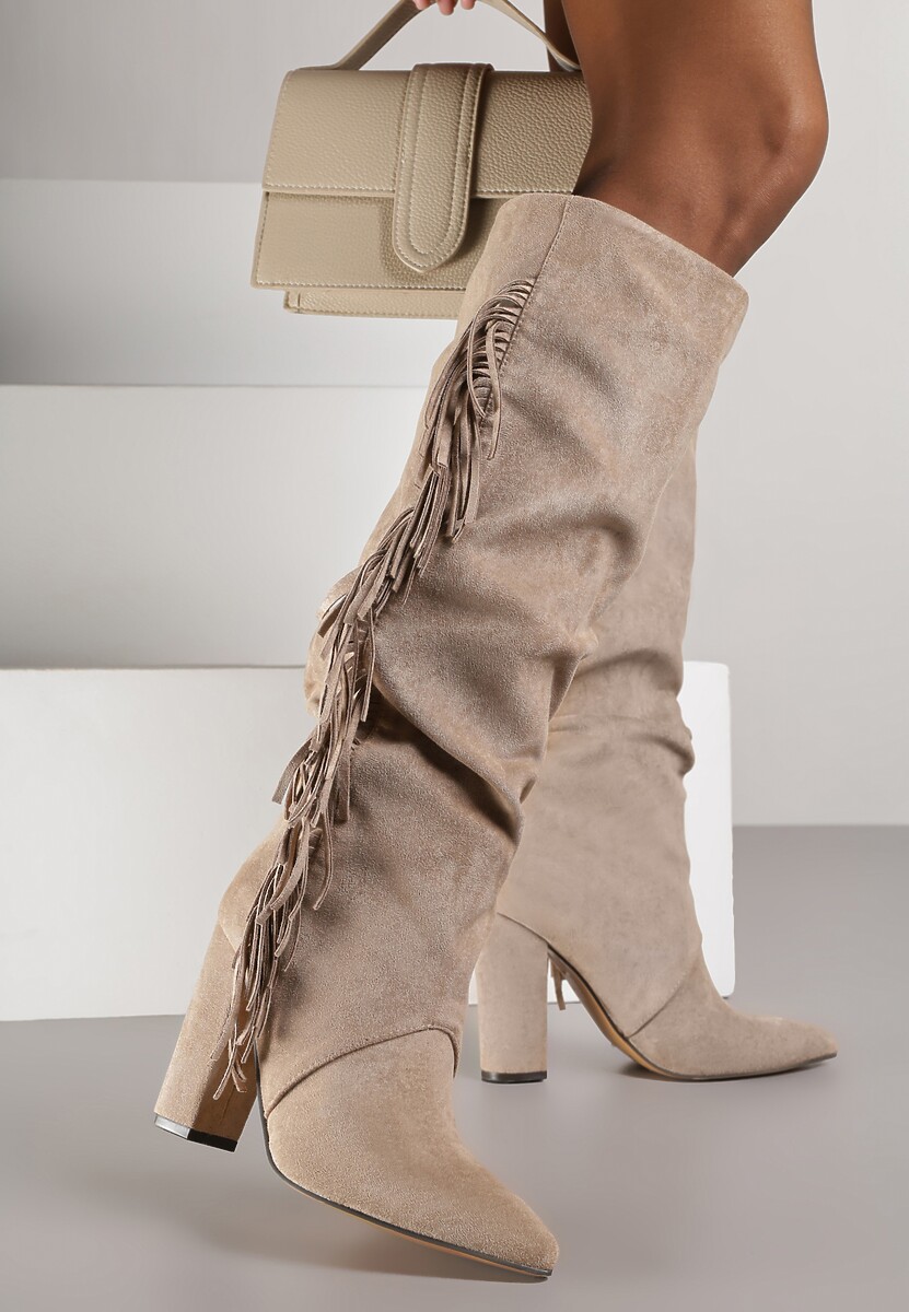 Czarne Kozaki Kowbojki na Słupku z Frędzlami na Cholewce Badina