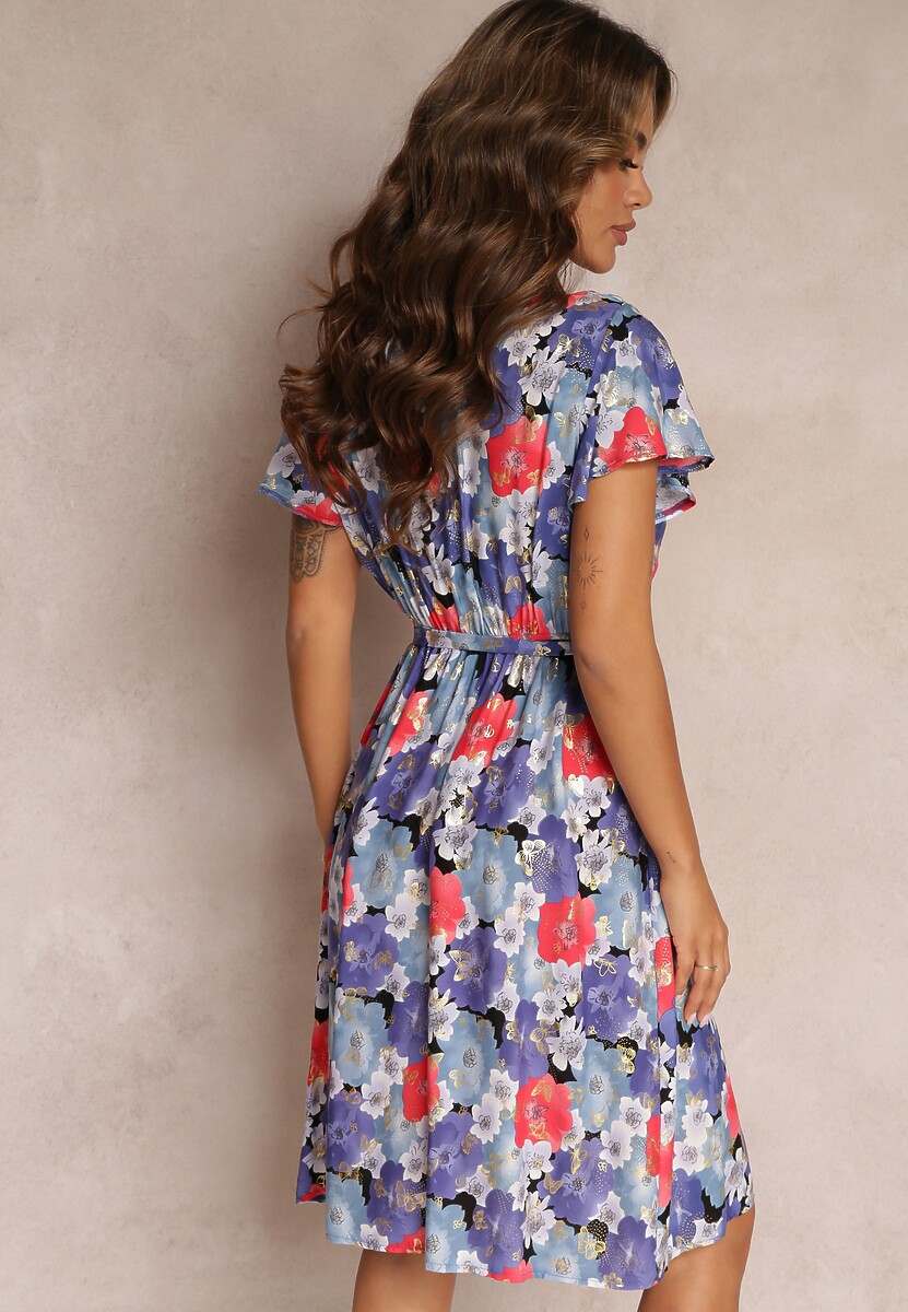 Niebiesko-Czerwona Rozkloszowana Sukienka z Kopertowym Dekoltem i Wiązanym Paskiem Kanges