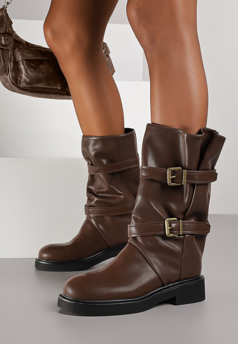 Brązowe Botki Biker Boots z Marszczoną Cholewką i Paskami ze Sprzączkami Sinesa