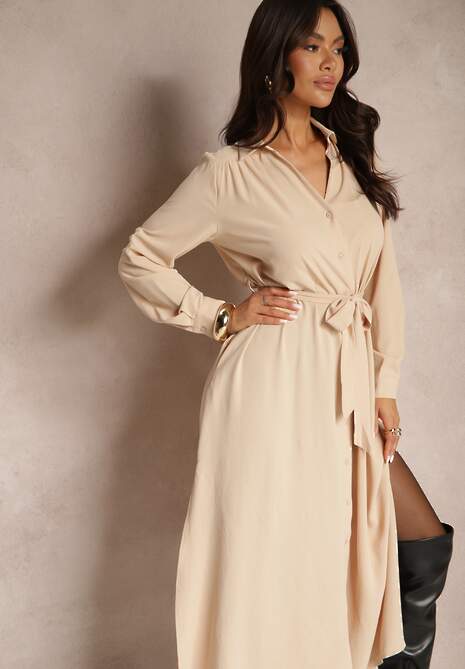 Beżowa Casualowa Sukienka Koszulowa na Guziki z Kieszeniami Jezebel