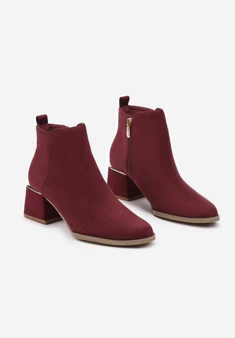 Bordowe Botki z Ekozamszu na Niskim Obcasie Zdobionym Metaliczną Wstawką Brievia