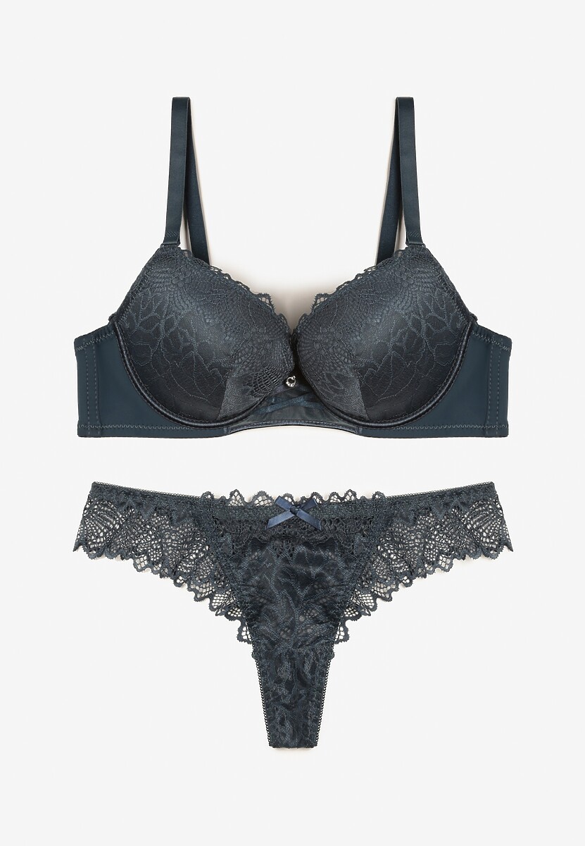 Szaro-Różowy Komplet Biustonosz Push Up i Majtki Ozdobione Romantyczną Koronką Zeril