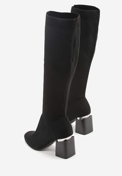 Czarne Eleganckie Kozaki VICES ze Skarpetkową Cholewką na Słupku z Aplikacją Raleana