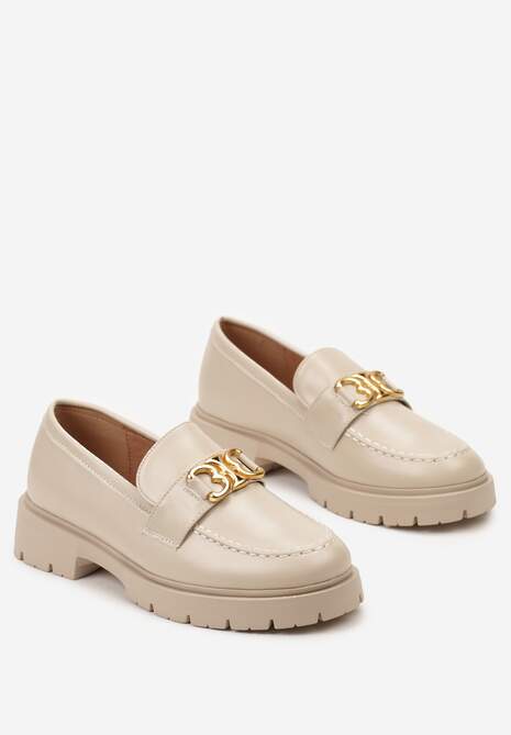 Beżowe Eleganckie Mokasyny Ozdobione Klamerką i Przeszyciem z Przodu Nastra