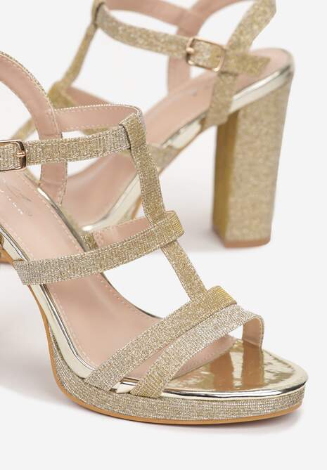 Złote Sandały z Cienkimi Brokatowymi Paskami na Słupku Trephone
