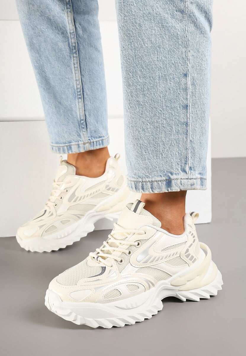 Beżowe Sneakersy na Platformie z Tłoczeniem i Siateczkowymi Wstawkami Galoria