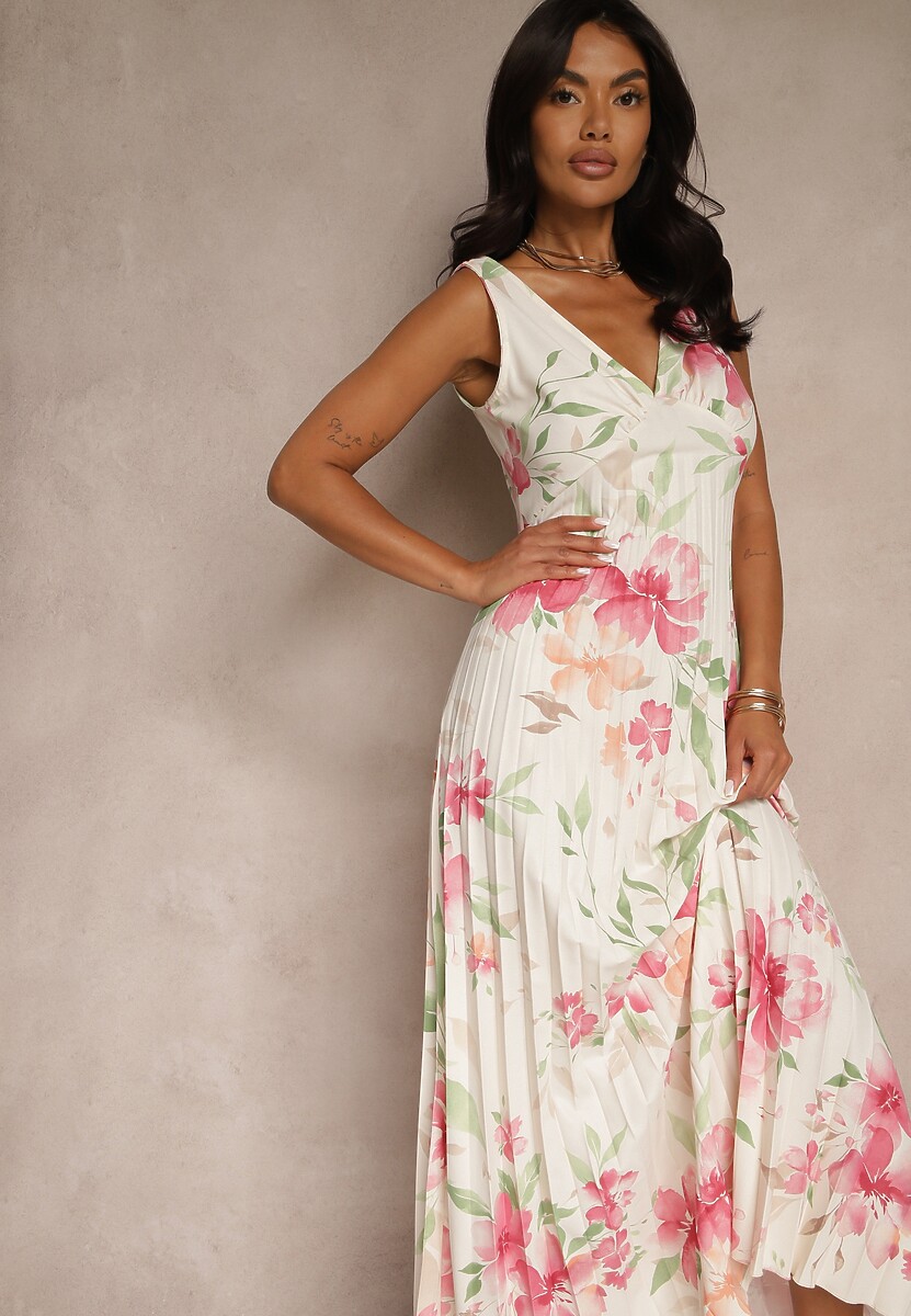 Żółta Plisowana Sukienka o Rozkloszowanym Fasonie na Szerokich Ramiączkach Nitanela