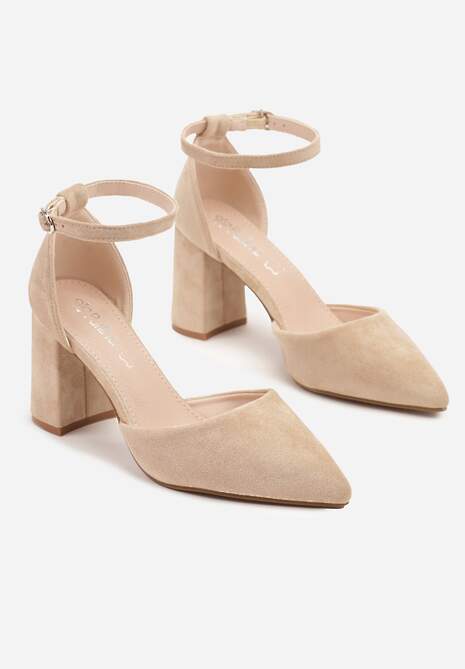 Beżowe Czółenka na Obcasie ze Skórzaną Wkładką i Paskiem Wokół Kostki Veliona