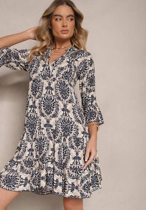Granatowa Bawełniana Sukienka o Rozkloszowanym Kroju w Ornamentalny Print Laniwea