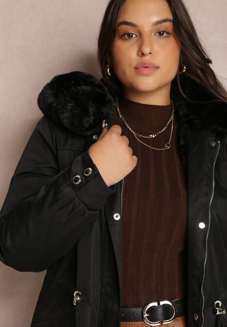 Czarna Kurtka Parka Nylonowa Mivo