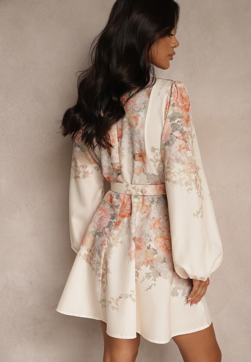 Beżowa Sukienka o Rozkloszowanym Kroju z Paskiem w Kwiaty Melvivis