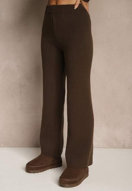 Brązowy Dzianinowy Komplet z Wiskozą Spodnie i Asymetryczny Kardigan Uninassa
