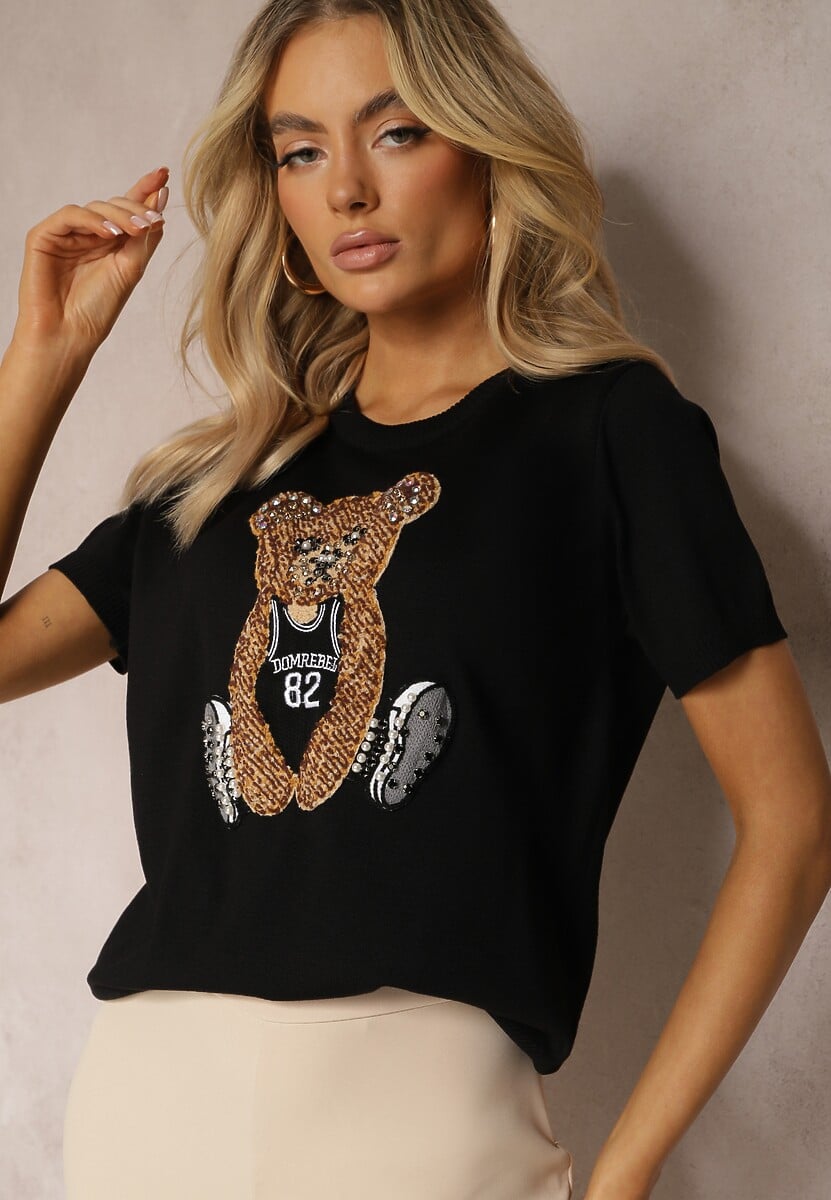 Różowa Bluzka z Wiskozy z Naszywką Misia z Wełny z Cyrkoniami i Perełkami Ophirai