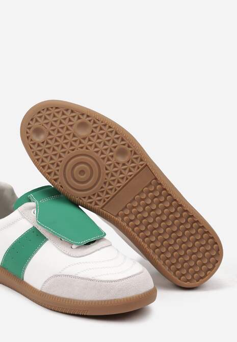 Biało-Zielone Sneakersy na Płaskiej Podeszwie ze Skóry Wykończone Zamszową Wstawką Milirae