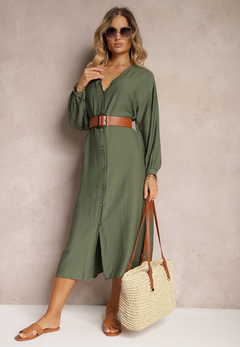 Ciemnozielona Sukienka w Stylu Koszulowym z Bufiastymi Rękawami i Wiskozą Denisea