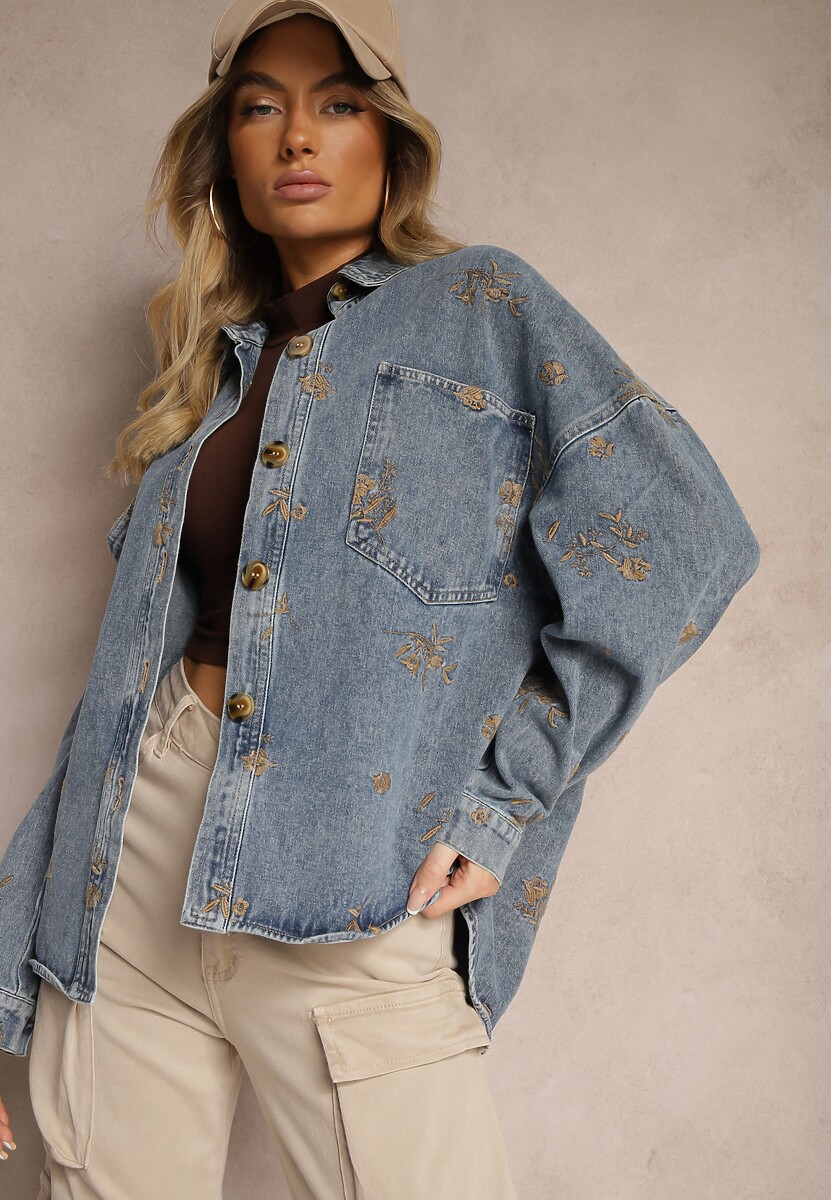 Beżowa Koszulowa Kurtka Jeansowa z Bawełny w Hafty Merinorie