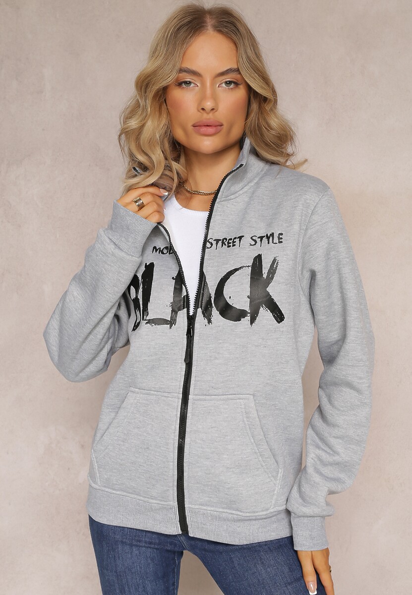 Jasnoszara Bluza Zapinana na Suwak z Kieszeniami i Półgolfem Ubaviela