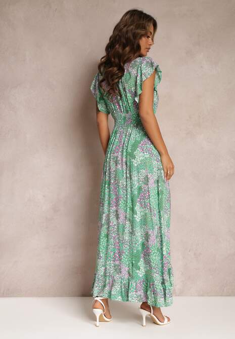 Zielona Sukienka z Falbankami Gumką w Talii z Wiskozy Leth