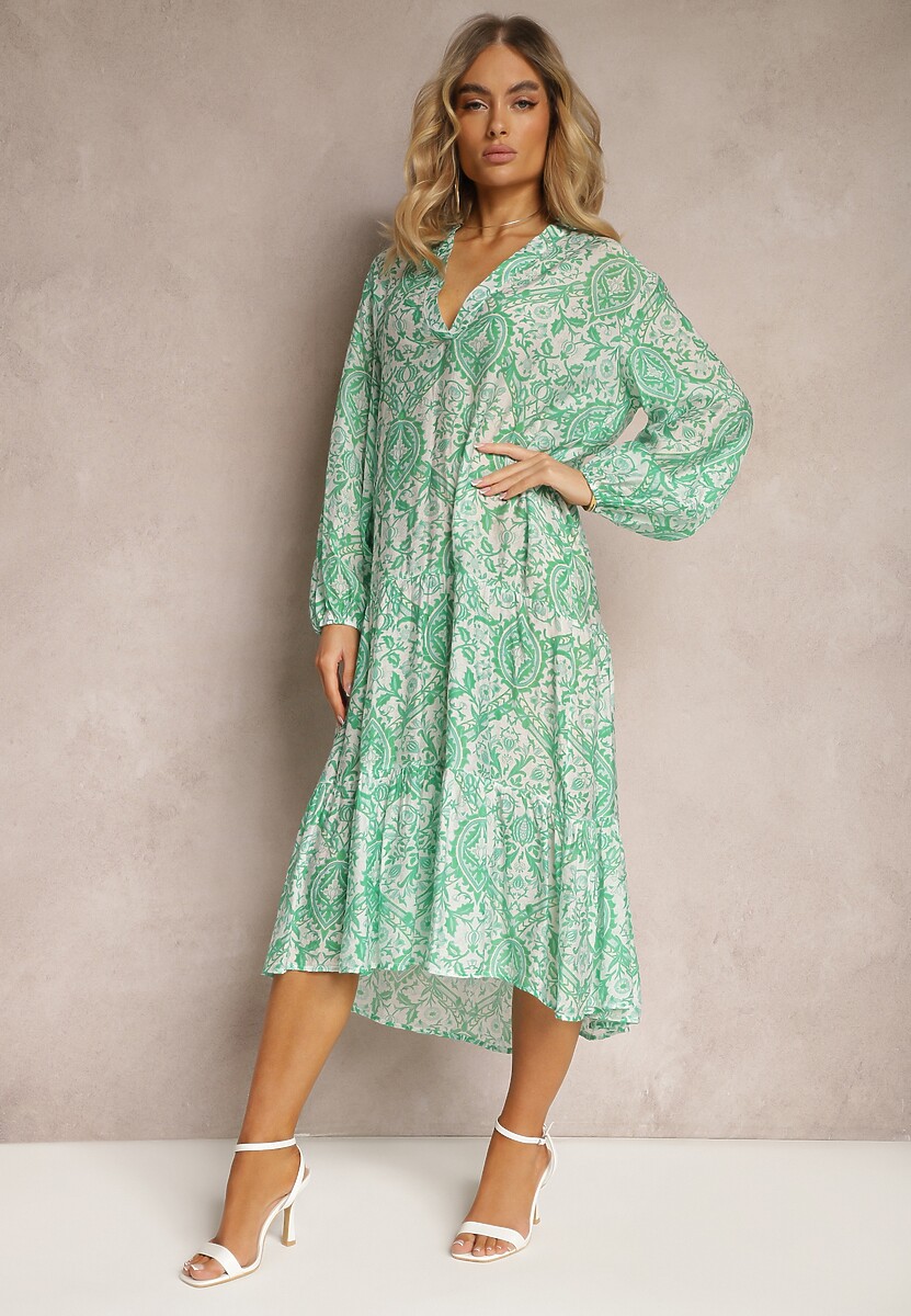 Zielona Kwiecista Sukienka o Rozkloszowanym Kroju z Dekoltem w Serek Nerpia