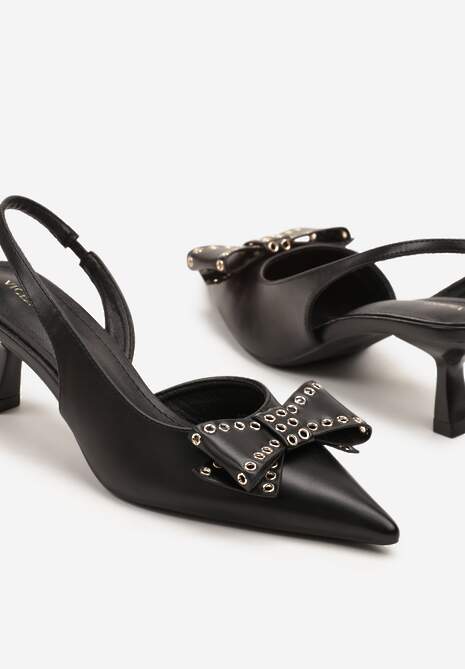 Czarne Czółenka Sandały Vices na Kaczuszce Slingback z Kokardą i Nitami Fennadia