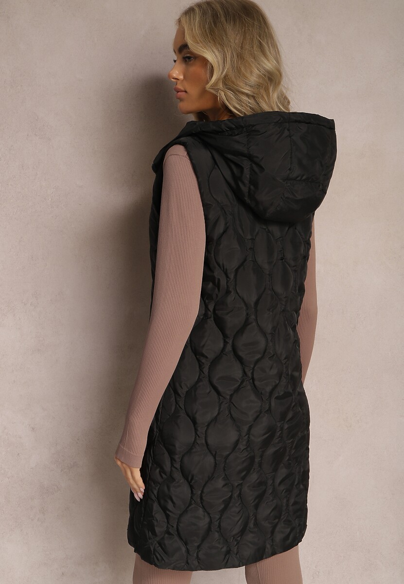 Czarna Długa Kamizelka Pikowana z Kapturem Nallona