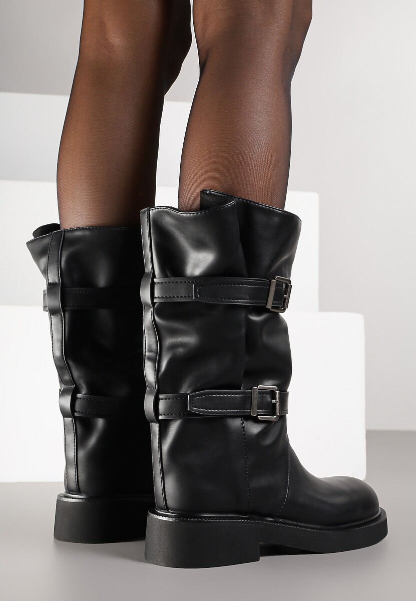 Czarne Botki Biker Boots z Marszczoną Cholewką i Paskami ze Sprzączkami Sinesa