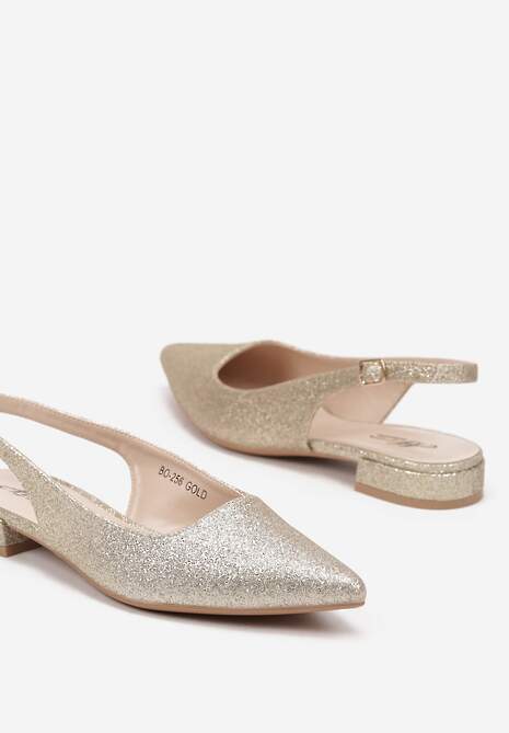 Złote Sandały na Płaskiej Podeszwie Ozdobione Brokatem i Paskiem Delarwenna