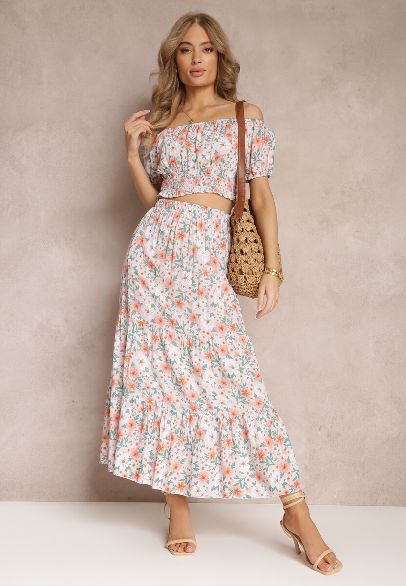 Jasnobeżowy Bawełniany Komplet 2-częściowy w Kwiaty Malenis