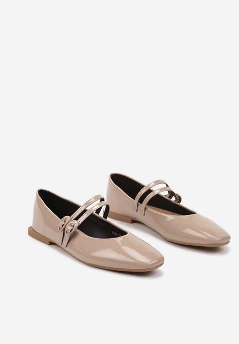 Beżowe Balerinki Płaskie Lakierowane z Paskami na Sprzączkę i Kwadratowym Noskiem Mailene