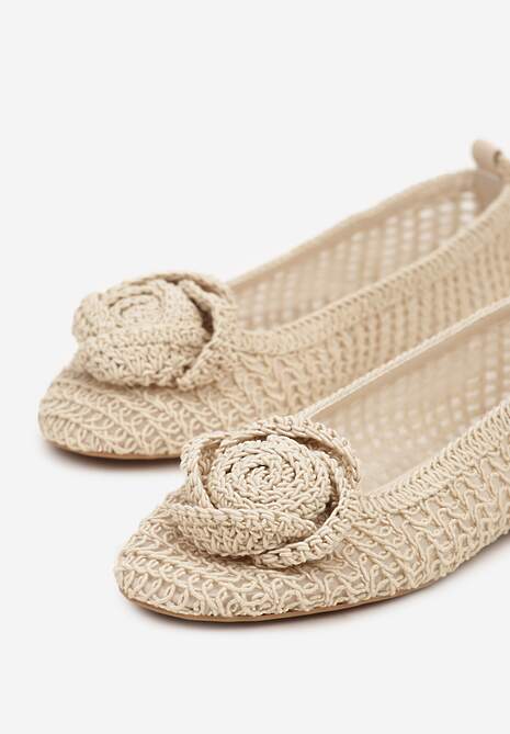 Beżowe Balerinki Vices z Plecionki Zdobione Wiązaniem i Aplikacją Erezelia