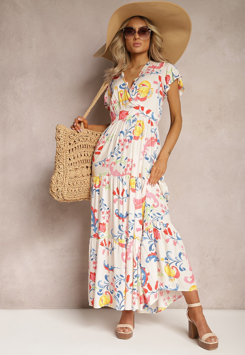 Biała Kwiatowa Sukienka o Rozkloszowanym Fasonie Maxi z Wiskozy z Falbanką Acatie