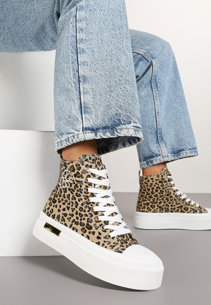 Beżowe Trampki na Platformie z Wysoką Cholewką Ozdobione Haftem Fonaril