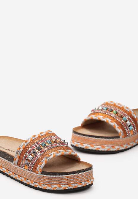 Pomarańczowe Klapki Boho na Platformie z Plecionką i Szerokim Paskiem z Koralikami Gitasta