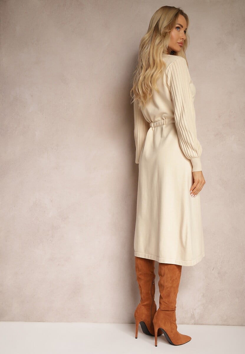 Beżowa Sukienka z Dodatkiem Wiskozy z Paskiem i Ozdobnymi Rękawami Daiviane