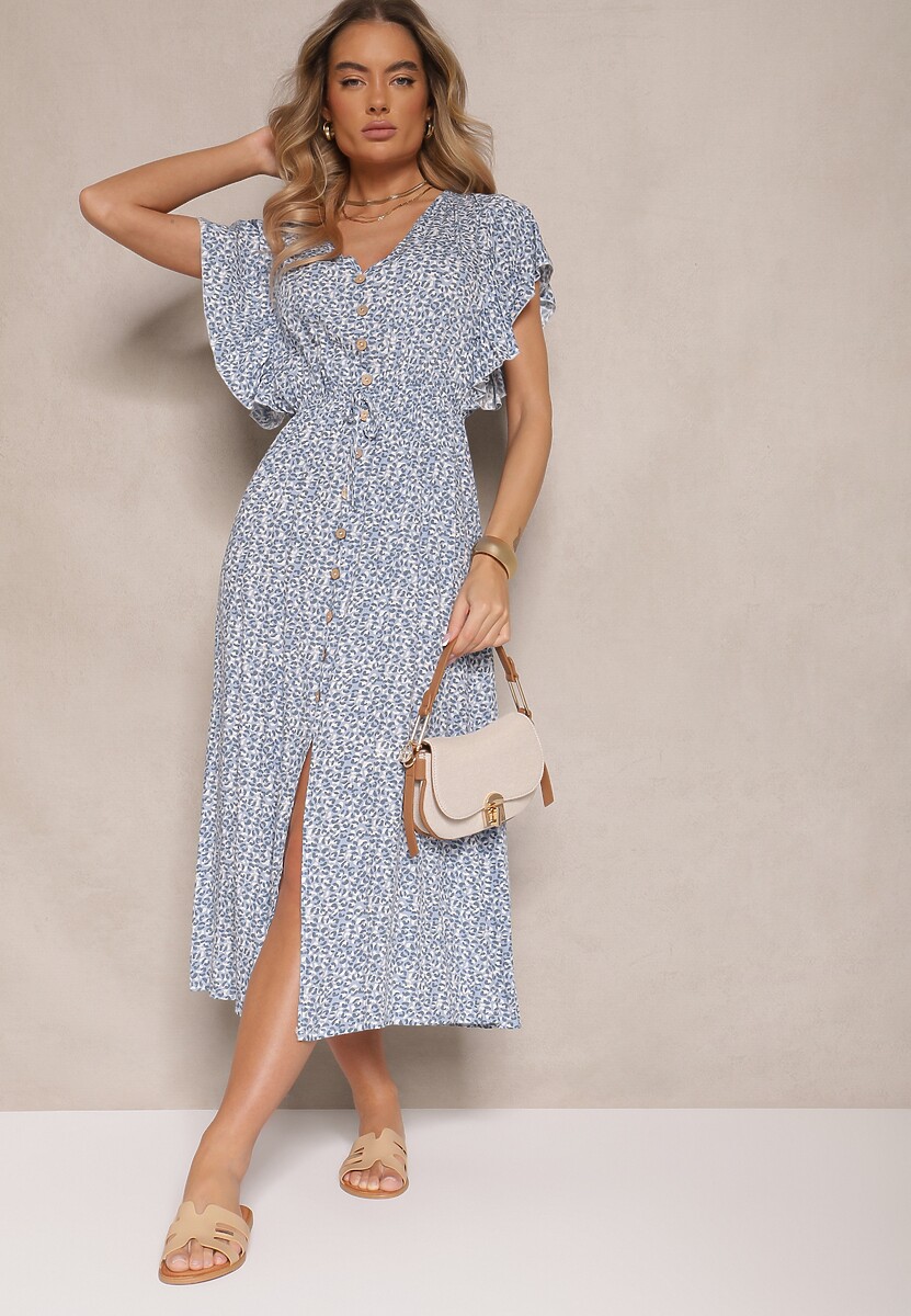 Niebieska Sukienka z Bawełny w Cętki o Rozkloszowanym Kroju z Guzikami Aluvellae
