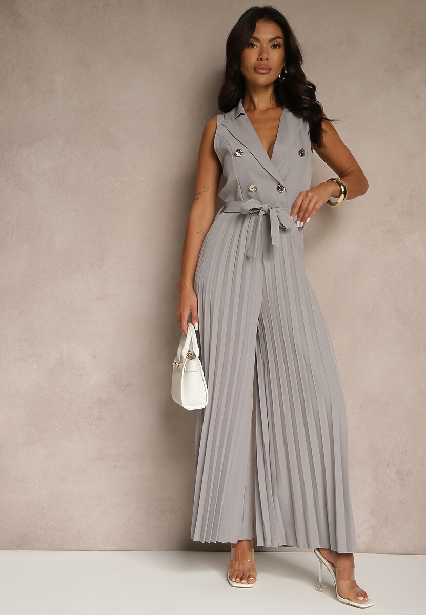 Szary Kombinezon Taliowany w Garniturowym Stylu z Paskiem i Guzikami Fillomia