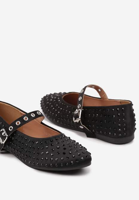 Czarne Cyrkoniowe Balerinki w Stylu Mary Jane na Płaskiej Podeszwie z Ozdobnym Paskiem Armiola