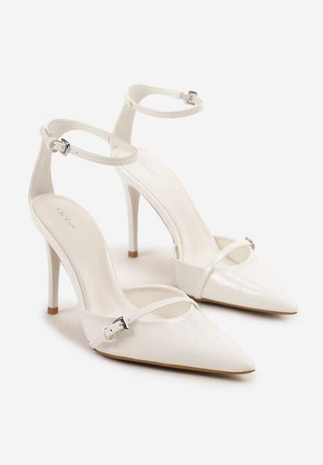 Białe Szpilki Vices z Lakierowanym Połyskiem i Ozdobną Sprzączką Tilonea