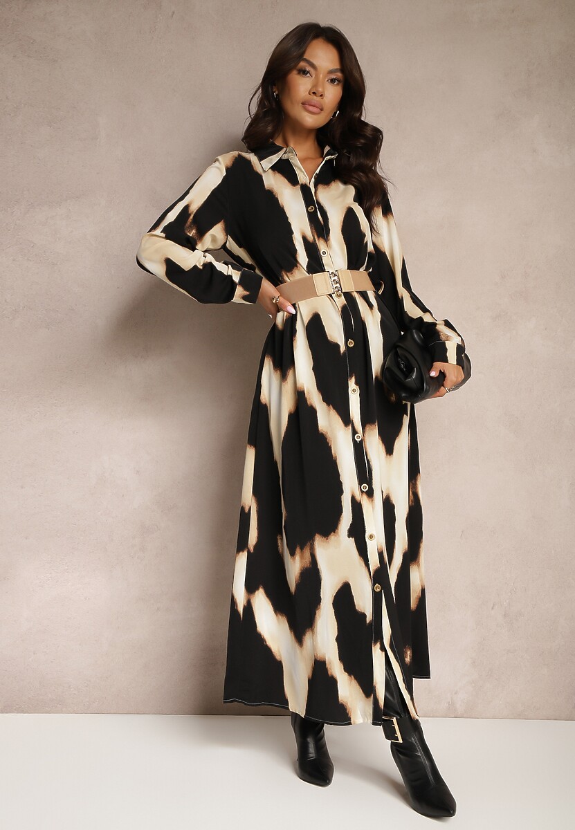 Beżowo-Czarna Koszulowa Sukienka w Panterkę Ozdobiona Paskiem Valentola