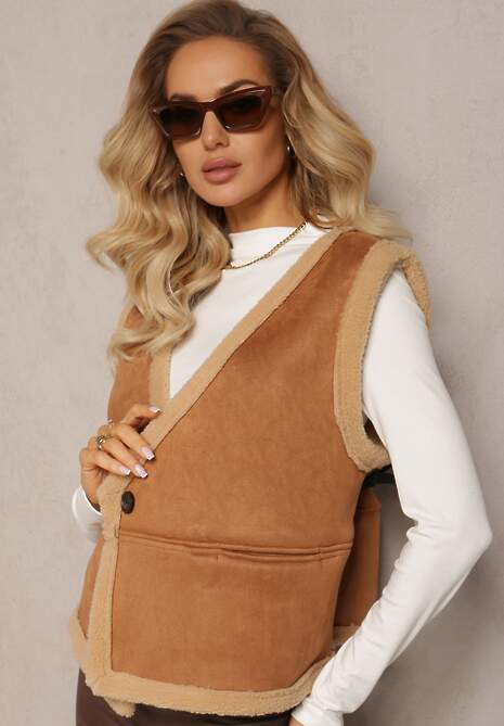 Brązowa Luźna Kamizelka z Ozdobnym Kożuszkiem Barta