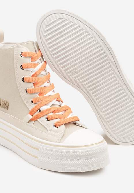 Beżowe Trampki z Cholewką za Kostkę i Kontrastowym Sznurowaniem Rivloti