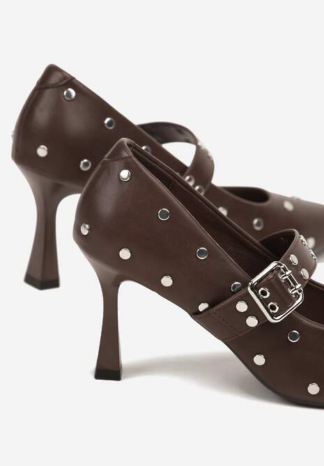 Brązowe Czółenka Vices na Szpilce z Wkładką ze Skóry Naturalnej Ozdobione Nitami Rileinea