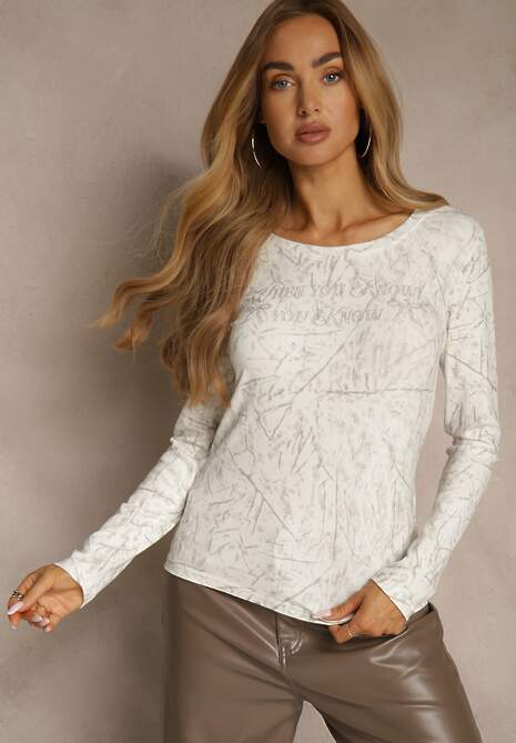 Biała Bluzka Longsleeve Ozdobiona Geometrycznym Motywem Uninessa